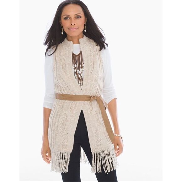 Chico’s Tan Neutral Boho Fringe Fran Vest W/ Waist Belt Size XL - Picture 1 of 9